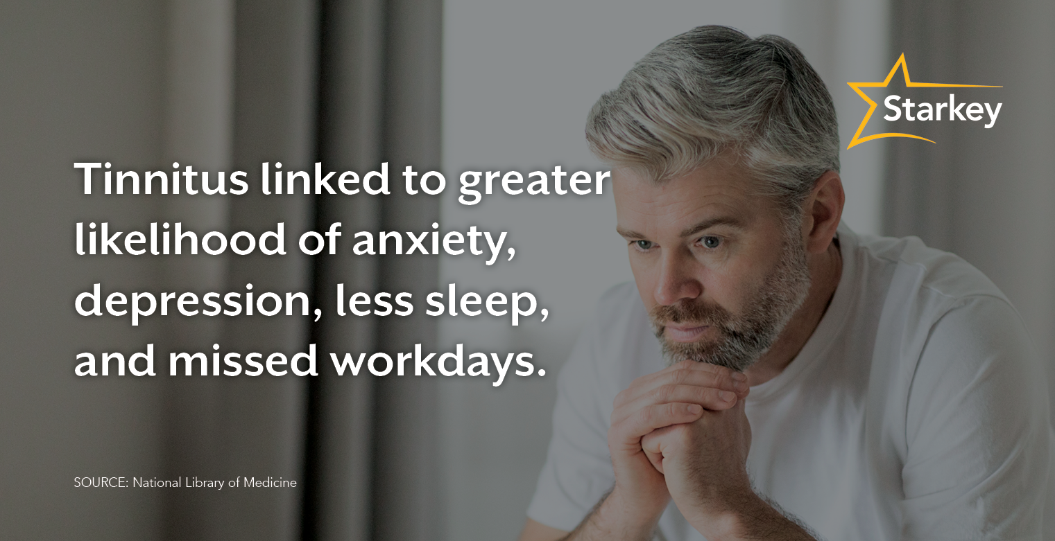 Image of man looking contemplative beside text that reads, "Tinnitus linked to greater likelihood of anxiety, depression, less sleep, and missed workdays."